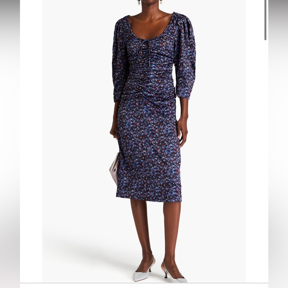 Ganni Floral Crinkled Satin U‑Neck Midi Dress S / US 4 / EU 36 – Slim Fit, NWT